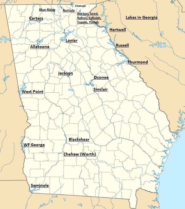 Map showing lakes in Georgia with clickable areas to access more information about each lake